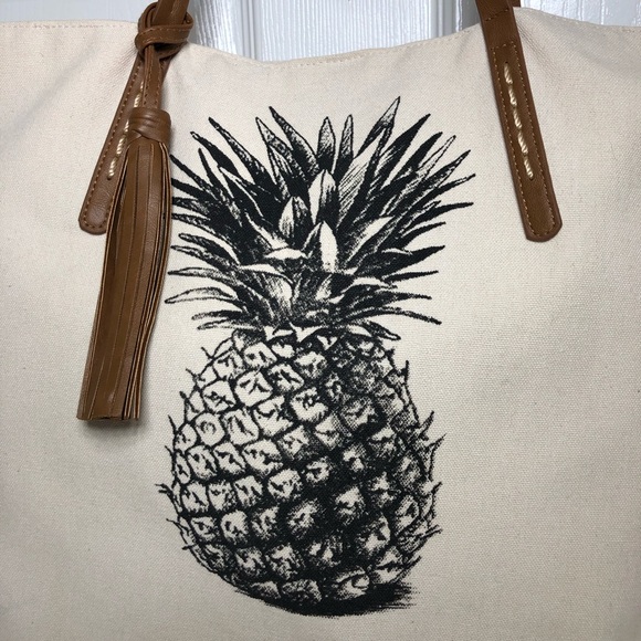 Sonoma Pineapple Natural Canvas Snap Closure Tassel Detail Hard Bottom Tote Bag, - Picture 3 of 16